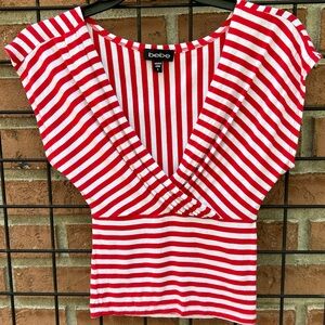 Bebe Striped V-Neck Top in Red and White Crop Top